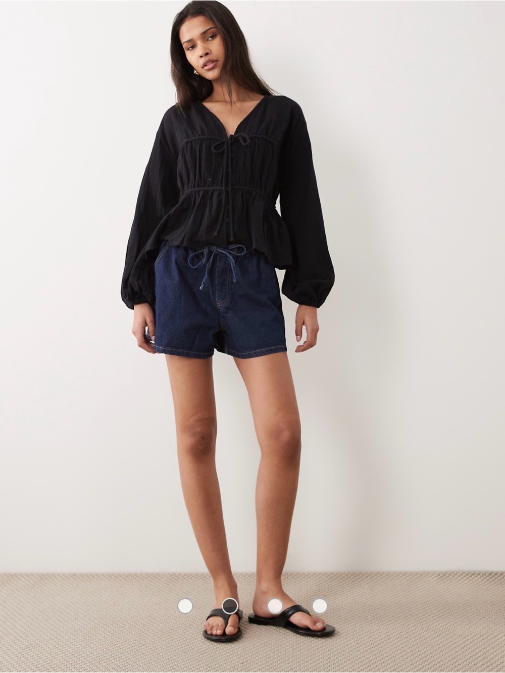 ASOS Design NEW Black Long Sleeve Smock Top Front Bow Ties Cotton Blouse Medium